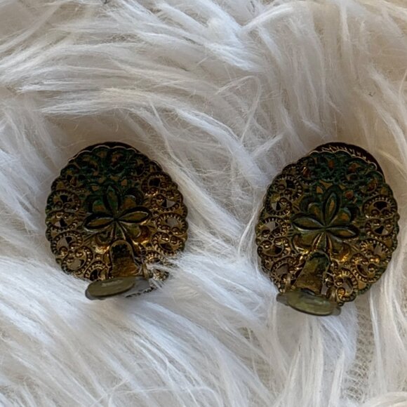 Vintage West Germany Victoria Clip-On Earrings Painted Romantic  Rhinestones - Picture 2 of 9